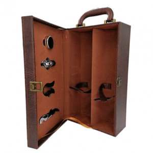 Caseta eleganta din piele ecologica cu imprimeu pentru doua sticle, cu maner si set 4 accesorii pentru vin