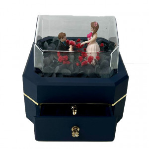 Caseta Memories, cu sertar, LED, flori criogenate si figurine, in tematica Merry Me!, albastru