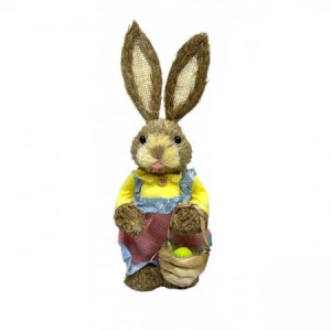 Figurina decorativa din paie, Iepuras Yza, cu rochita si cosulet cu ou, 33 cm, Galben/Albastru
