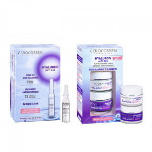 Set Gerocossen Hyaluron, Crema anti-age spf 10 de zi 50 ml, Crema anti-age de noapte 50 ml, Fiole cu acid hialuronic pur 12 fiole x 2 ml