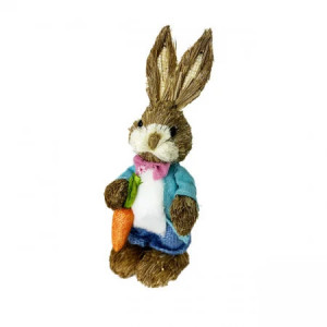 Figurina decorativa din paie, Iepuras Ysac, cu pantaloni, sacou si papion, 22 cm, Albastru