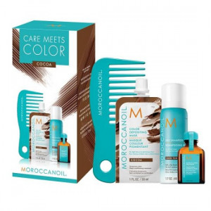 Moroccanoil Care Meets Color Cocoa: Masca de par nuantatoare, 30 ml + Ulei de par tratament Original, 15ml + Sampon uscat Dark, 62ml + Pieptene cu dinti rari pentru aplicarea mastii