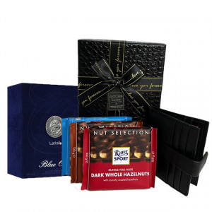 Set cadou Glamour pentru barbati, Parfum Lattafa Blue Oud 100 ml, portofel din piele, selectie de 3 ciocolate Ritter Sport si cutie neagra eleganta 21x14x8 cm