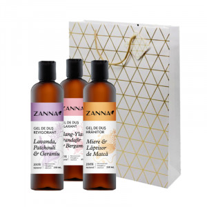 Set Gel de dus Revigorant cu Lavanda si Geraniu, Gel de dus Relaxant cu Ylang-Ylang si Bergamota, Gel de dus Hranitor cu Miere si Laptisor de Matca, 250ml Zanna