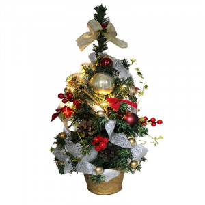 Decoratiune de Craciun, bradut 50 cm accesorizat cu globuri si luminite