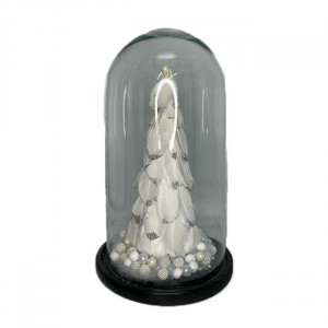 Decoratiune de craciun, Bradut derorat cu pene albe cu argintiu in cupola de sticla Ø 18 cm x 32 h, alb