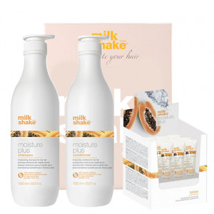 Kit pentru hidratare intensiva Milk Shake Moisture Plus Sampon 1000 ml + Balsam 1000 ml + Lotiune 6x12 ml