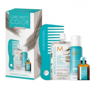 Moroccanoil Care Meets Color Platinum: Masca de par nuantatoare Platinum, 30ml + Ulei de par tratament Light, 15ml + Sampon uscat Light 62ml + Pieptene cu dinti rari pentru aplicarea mastii