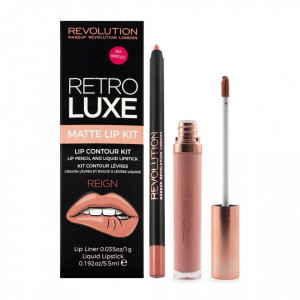 Set Makeup Revolution: Ruj lichid Retro Luxe, Metallic, Reign, 5,5 ml + Creion de buze Retro Luxe, Reign, 1 g