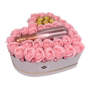 Aranjament floral Gold Rose, cutie inima cu trandafiri de sapun si Prosecco Bottega Rose Gold, roz