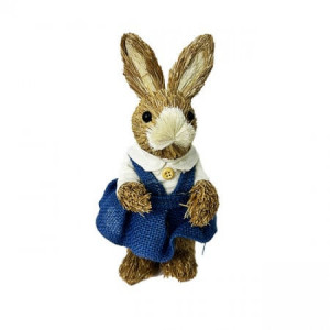 Figurina decorativa din paie Iepuras Yza cu rochita, 21 cm, Albastru