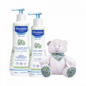 Pachet Mustela: Gel de curatare delicat pentru par si corp, 500 ml + Lotiune de corp hidratanta, 300 ml + Ursulet