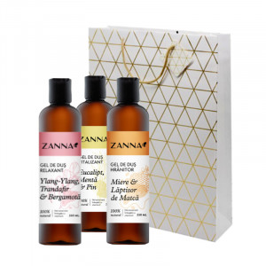 Set Gel de dus Relaxant cu Ylang-Ylang si Bergamota, Gel de dus Vitalizant cu Eucalipt si Pin, Gel de dus Hranitor cu Miere si Laptisor de Matca, 250ml Zanna