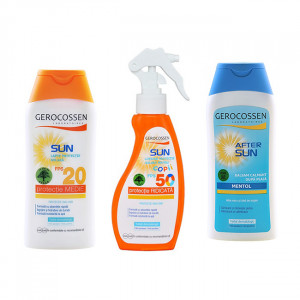 Set Gerocossen family, Lapte pentru protectie solara cu SPF 20, 200 ml + Spray de protectie solara pentru copii SPF 50, 200 ml + Balsam dupa plaja Gerocossen 200 ml
