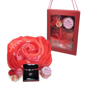 Set special, Womens's Day cu esarfa, martisor, lumanare parfumata si 3 trandafiri din sapun, rosu