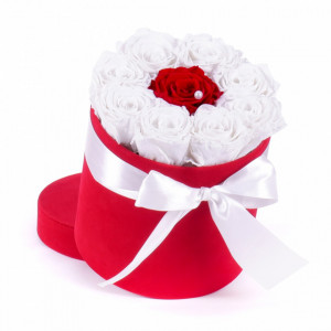 Aranjament floral Special One, cutie rotunda cu funda si trandafiri de sapun, alb/rosu