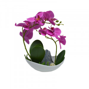 Orhidee cu aspect natural in ghiveci ceramic barcuta, alb, 25 cm