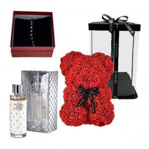 Set cadou fete, Ursulet floral din spuma, Parfum Chic'n Glam Diamond 100 ml si bratara zirconiu in cutie