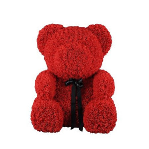 Urs mare Rosu din Trandafiri de spuma in cutie cadou cu funda, 70 cm