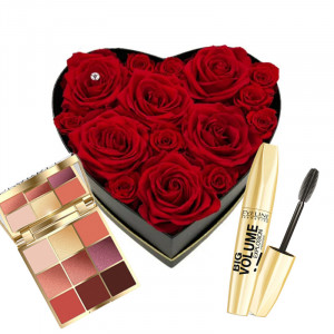 Cadou femei My Heart Red, cutie cu 15 trandafiri criogenati, paleta machiaj si mascara big volume Eveline