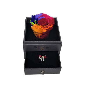 Cutie tip sertar cu trandafir criogenat multicolor si brosa