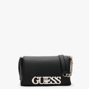 Geanta Guess, crossbody mica, cu logo metalic Uptown Chic, Negru/Silver