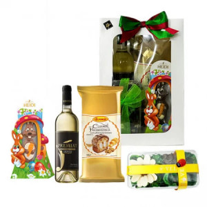Pachet GiftDay , Vin Jidvei Premiat sec 750ml, Cozonac Pricomigdala Boromir 500g, Iepuras de ciocolata Heidi 45g si Flori uscate/parfumate in punga cadou