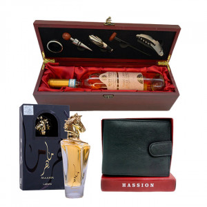 Set cadou, Cutie din lemn cu 5 accesorii si Vin Bottega Pinot Grigio Rose DOC 750 ml, Parfum Lattafa Maahir 100 ml, Portofel de piele
