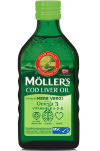 Ulei din ficat de cod Omega 3 Vitamina A-D-E, aroma mere verzi, 250 ml, Mollers