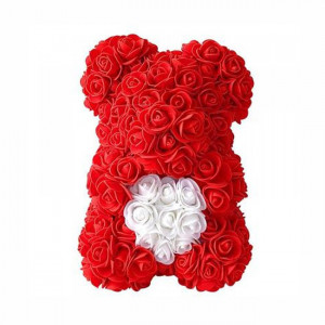 Ursulet din trandafiri rosii de spuma, in cutie cadou cu funda, 25 cm