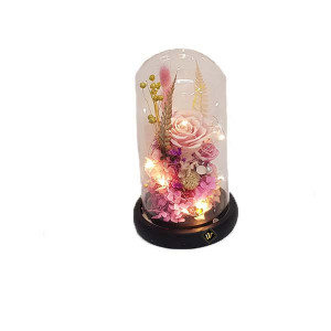 Buchet de trandafiri criogenati in cupola de sticla cu LED, roz