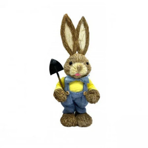 Figurina decorativa din paie, Iepuras Yvan, cu papion si lopatica, 30 cm, Albastru/Galben
