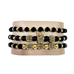 Set 3 bratari Royal din otel inoxidabil, onix si zirconiu, Unisex, gold