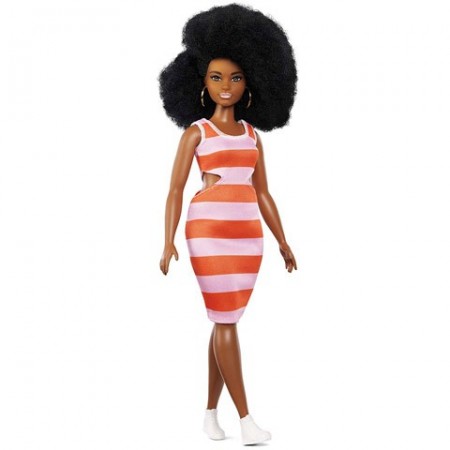 Papusa Barbie Fashionistas mulatra in rochie cu dungi