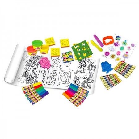 Set creativ 100 de bucati cu plastilina, hartie cu desene de 1 m si accesorii Play-Doh
