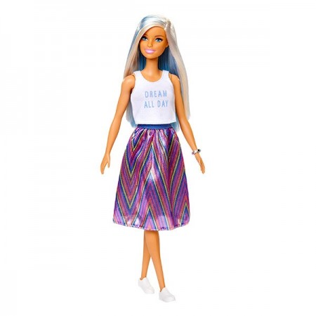 Papusa Barbie Fashionistas blonda cu suvite albastre in fusta colorata si tricou alb