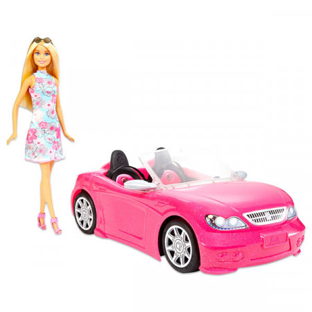 Papusa Barbie si masina ei decapotabila roz