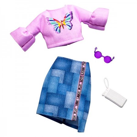 Set haine Barbie - bluza mov, fusta albastra si accesorii