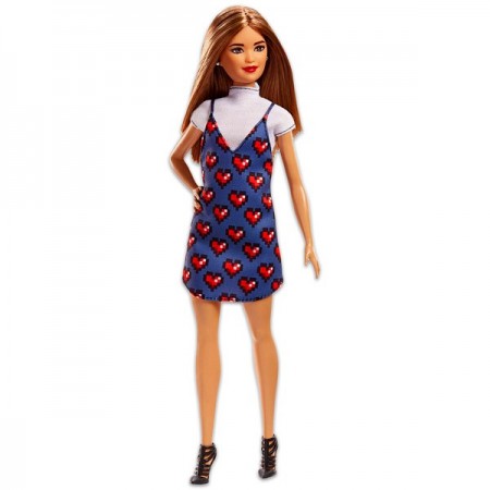 Papusa Barbie Fashionistas satena cu rochie cu inimioare