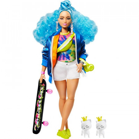 Barbie Extra - Papusa cu parul albastru si skateboard