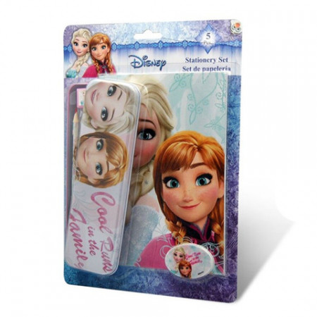 Penar metalic cu instrumente de scris si carnetel notite Elsa si Anna Disney Frozen