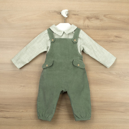 Set salopeta raiat si bluza cu maneca lunga verde Babidu