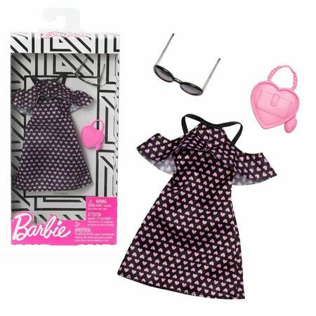 Set haine Barbie - Rochita neagra cu inimioare si gentuta roz
