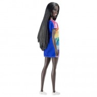 Papusa Barbie Fashionistas cu par negru si rochie multicolora