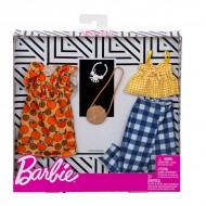 Set haine Barbie - rochie cu imprimeu imprimeu portocale, pantaloni si bluza