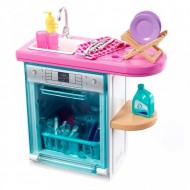 Set mobila de joaca Barbie in bucatarie : masina de spalat vase si accesorii