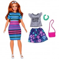 Papusa Barbie Fashionistas in rochie cu dungi