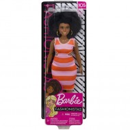 Papusa Barbie Fashionistas mulatra in rochie cu dungi
