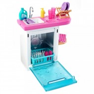 Set mobila de joaca Barbie in bucatarie : masina de spalat vase si accesorii