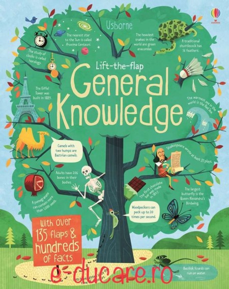 Carte ce contine informatii de cultura generala, cu multe clapete de deschis, pentru copii inteligenti, Lift the flap general Knowledge, usborne